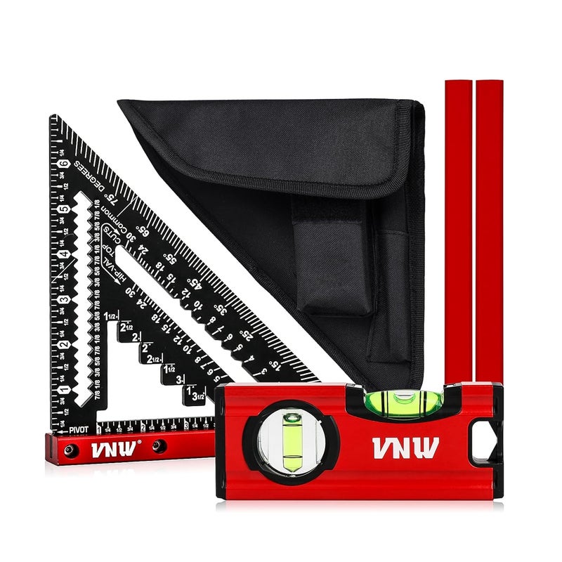 VNW 7inch Rafter Square with Carpenter Pencil, 1/8" Precision Heavy Duty Aluminum Woodworking Rule,Triangle Ruler Measuring Layout Tool (Black, Rafter Square with Bag) - Image 1